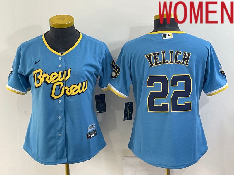 Women Milwaukee Brewers 22 Yelich Blue City Edition Game Nike 2022 MLB Jersey